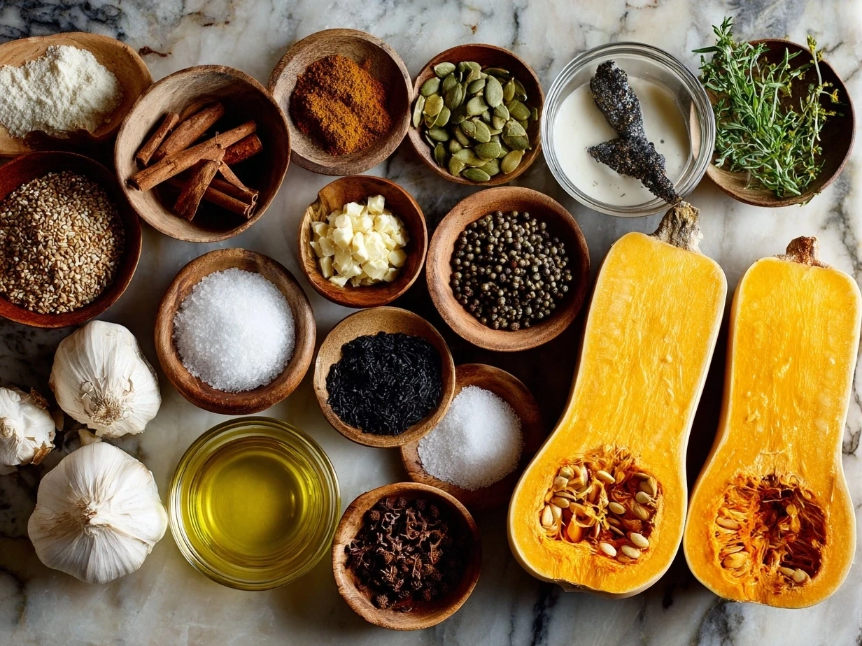 Ingredients for Simanim Stuffed Butternut Squash including butternut squash, apples, pomegranate seeds, nuts, honey, spices