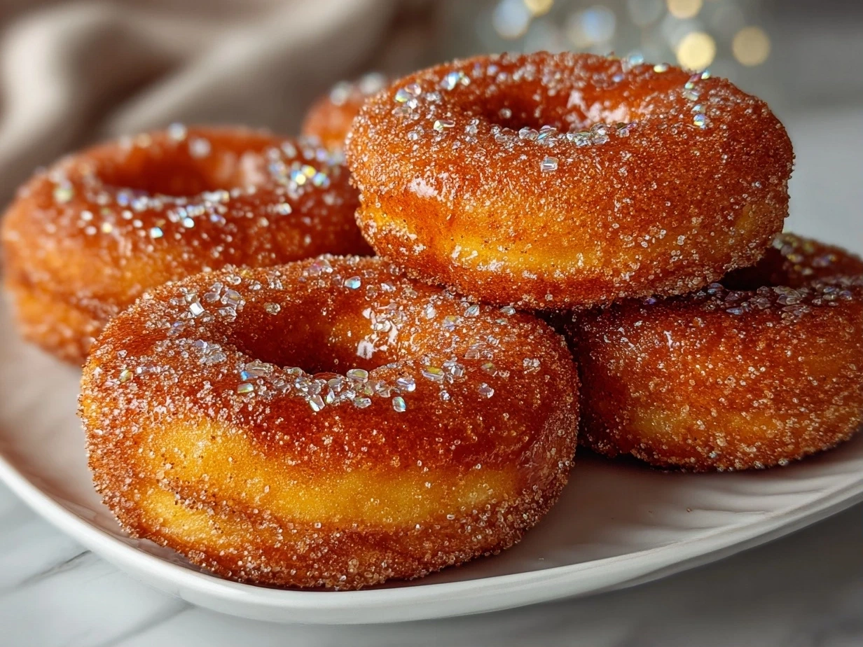 Close up of homemade Apple Cider Donuts coated with cinnamon sugar on a rustic background