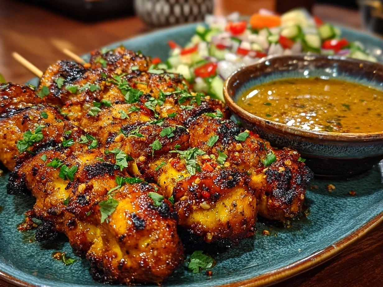 Close-up of finished Bang Bang Chicken Skewers with creamy spicy sauce