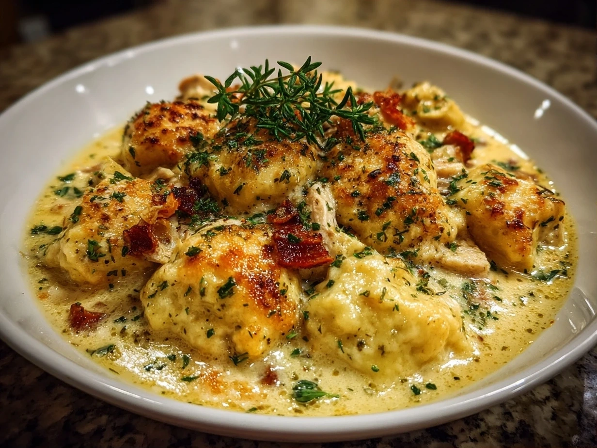 Close-up of a bowl filled with creamy Chicken and Dumplings garnished with fresh parsley.