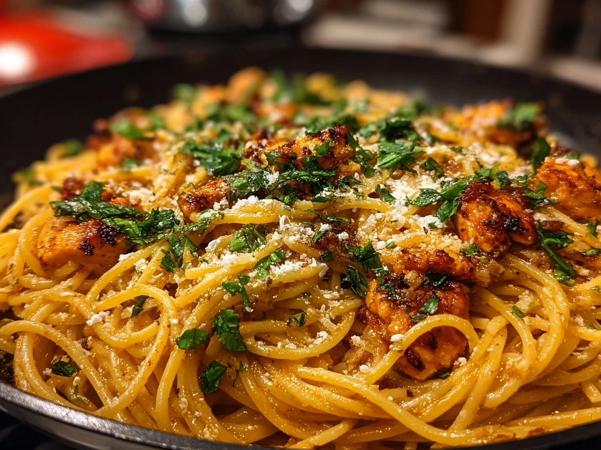 Slight angle close-up of finished creamy baked chicken spaghetti casserole