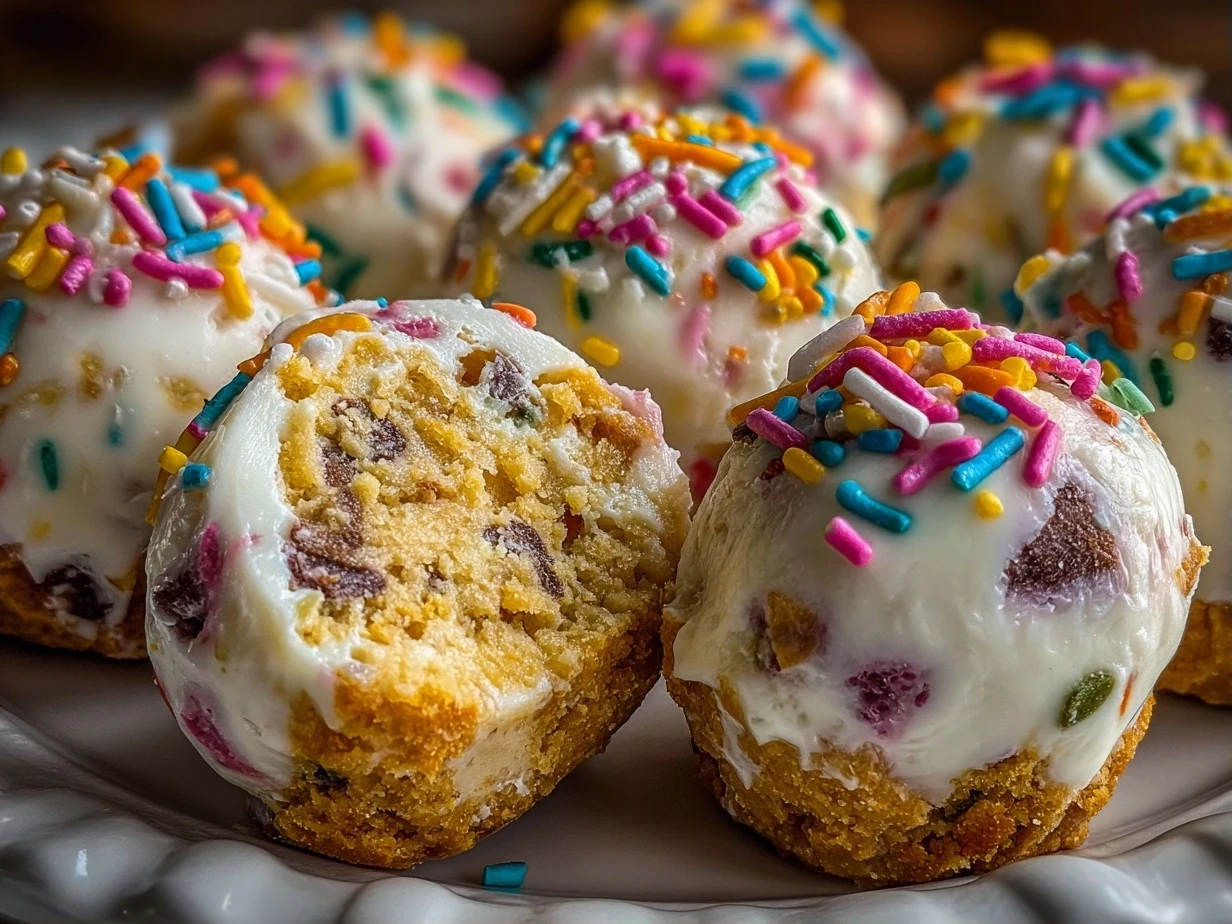 Slight angle close-up of finished Cookie Dough Frozen Yogurt Bites