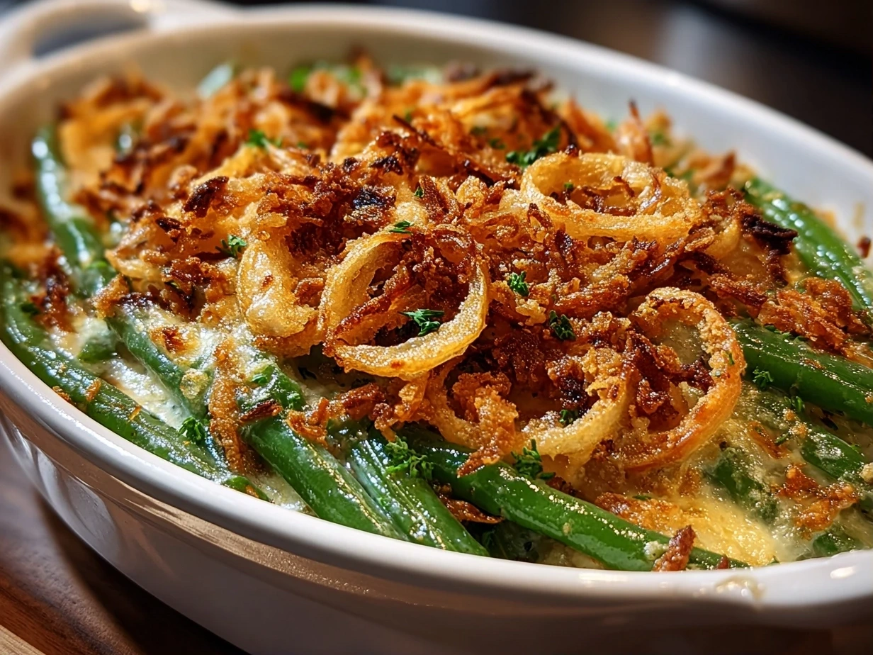 Slight angle close-up of a finished creamy homemade green bean casserole garnished with crispy fried onions