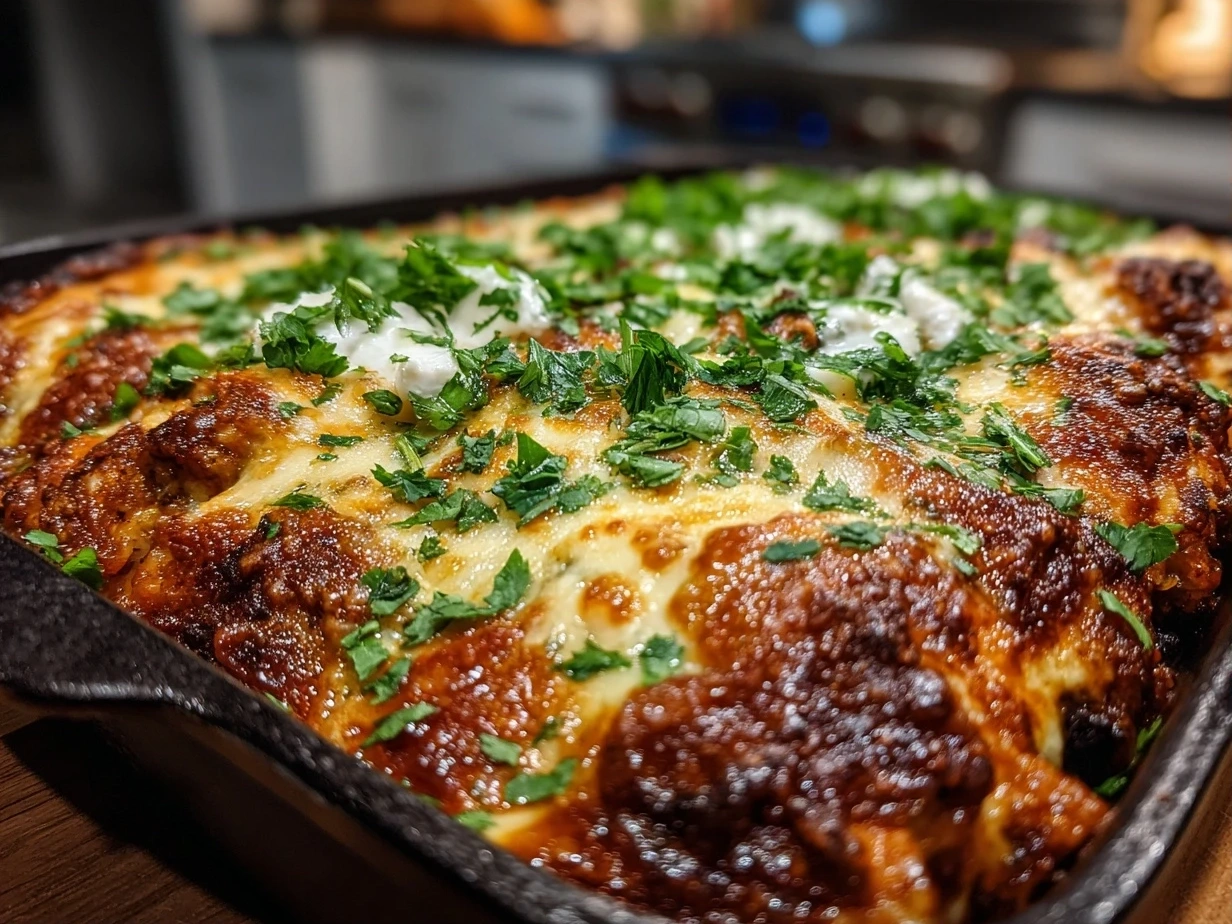 Slight angle close-up of finished Ground Turkey Black Bean Enchiladas with melty cheese and sauce