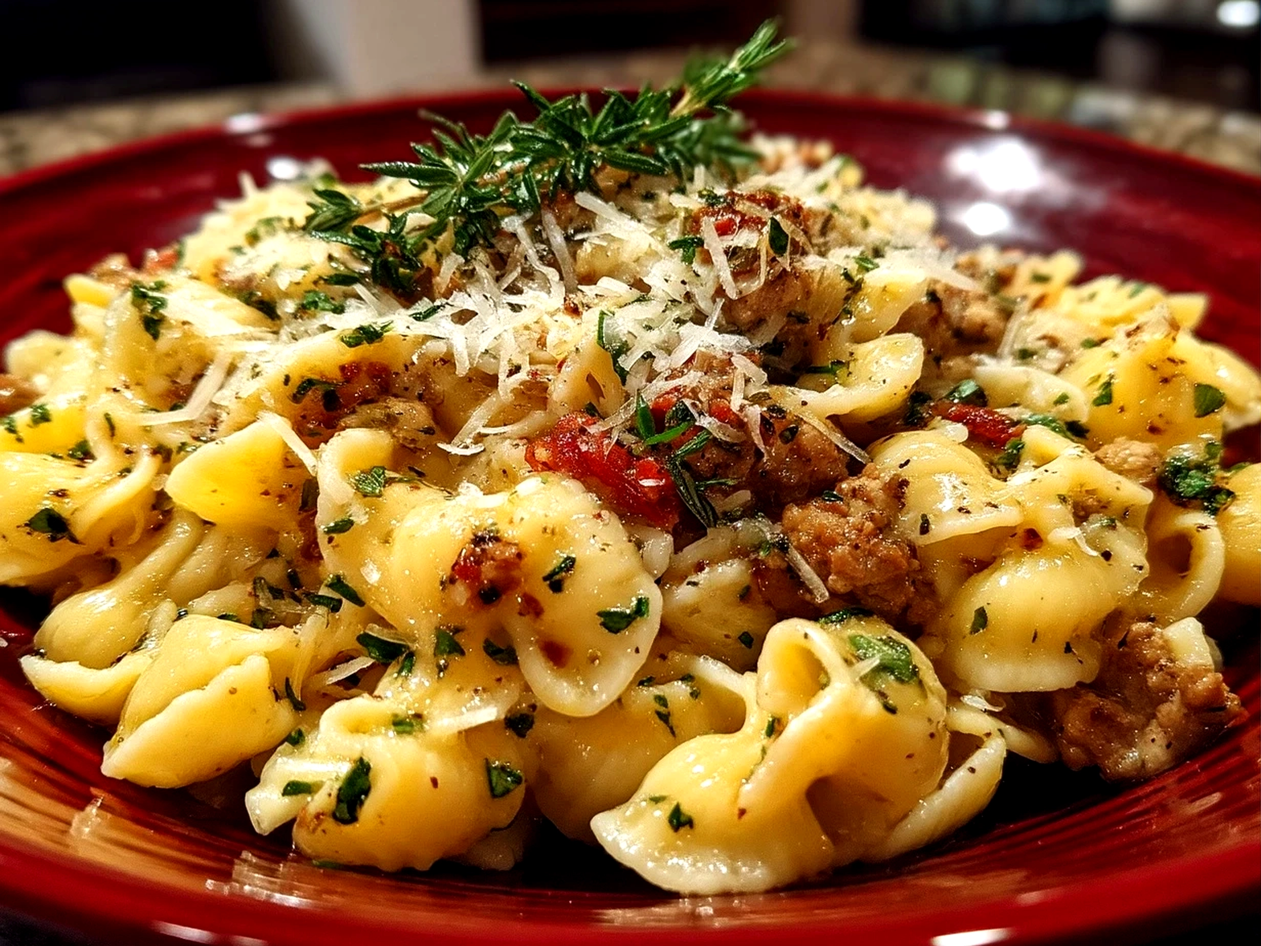 Slight angle close-up of finished ground turkey pasta