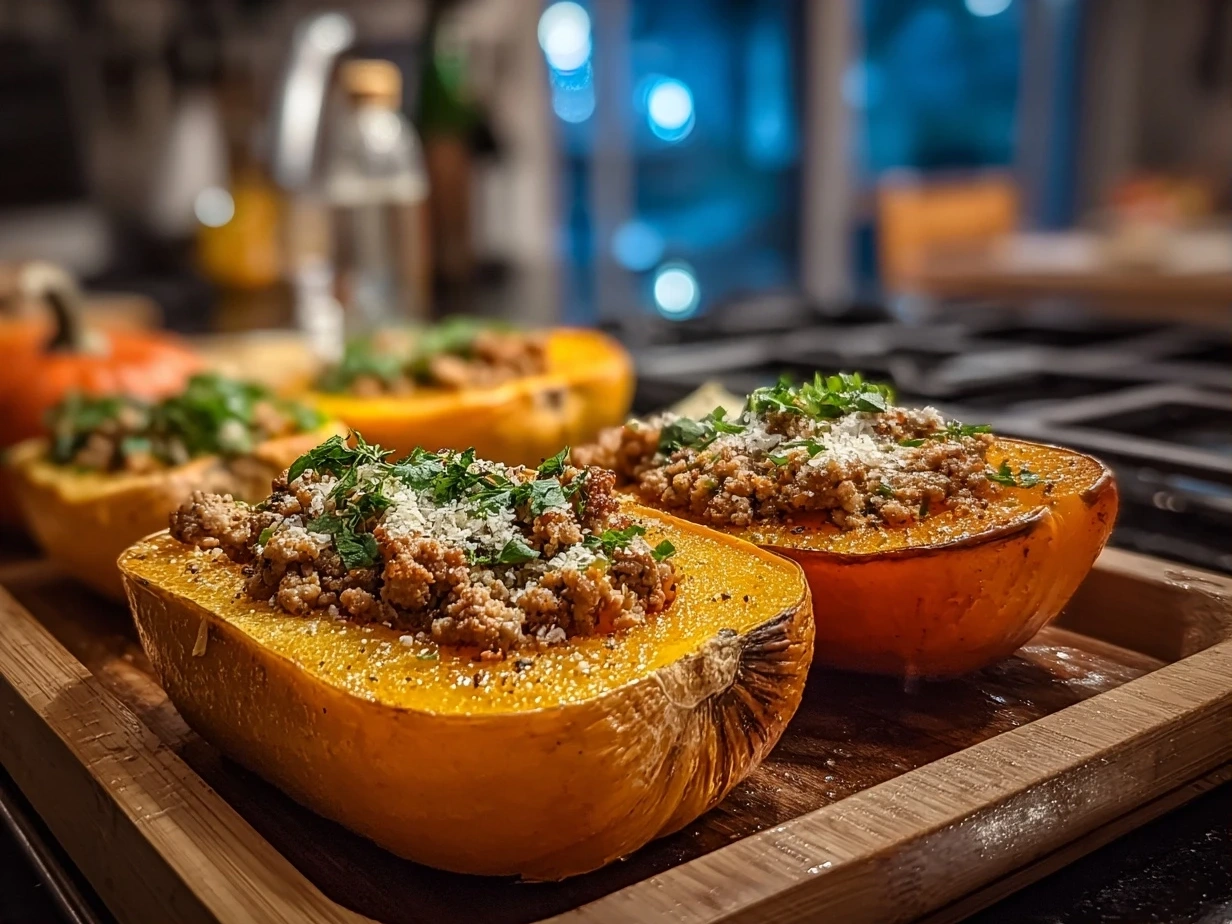 Close-up view of finished roasted butternut squash with ground turkey in a skillet