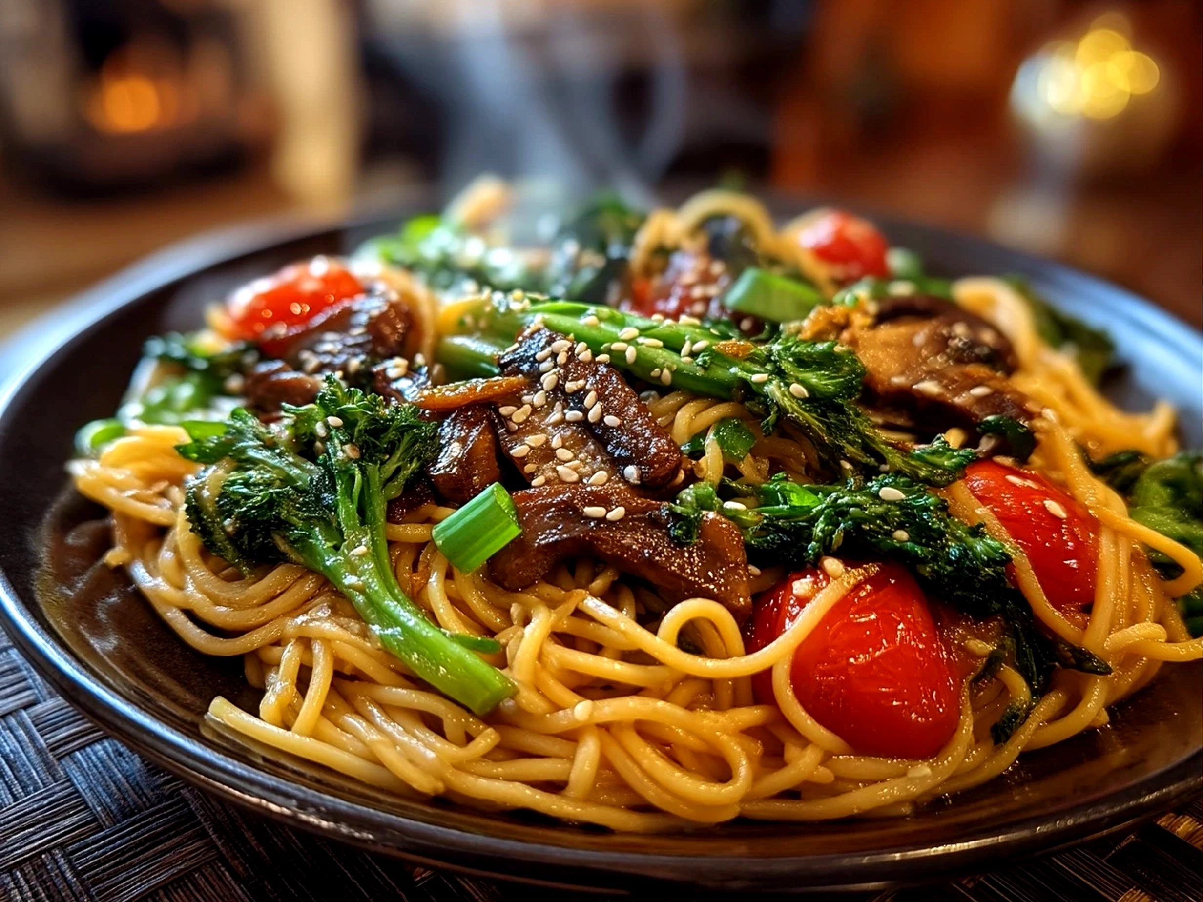 Slight angle close-up of finished Vegan Teriyaki Noodle Bowl garnished with green onions, sesame seeds, and cilantro
