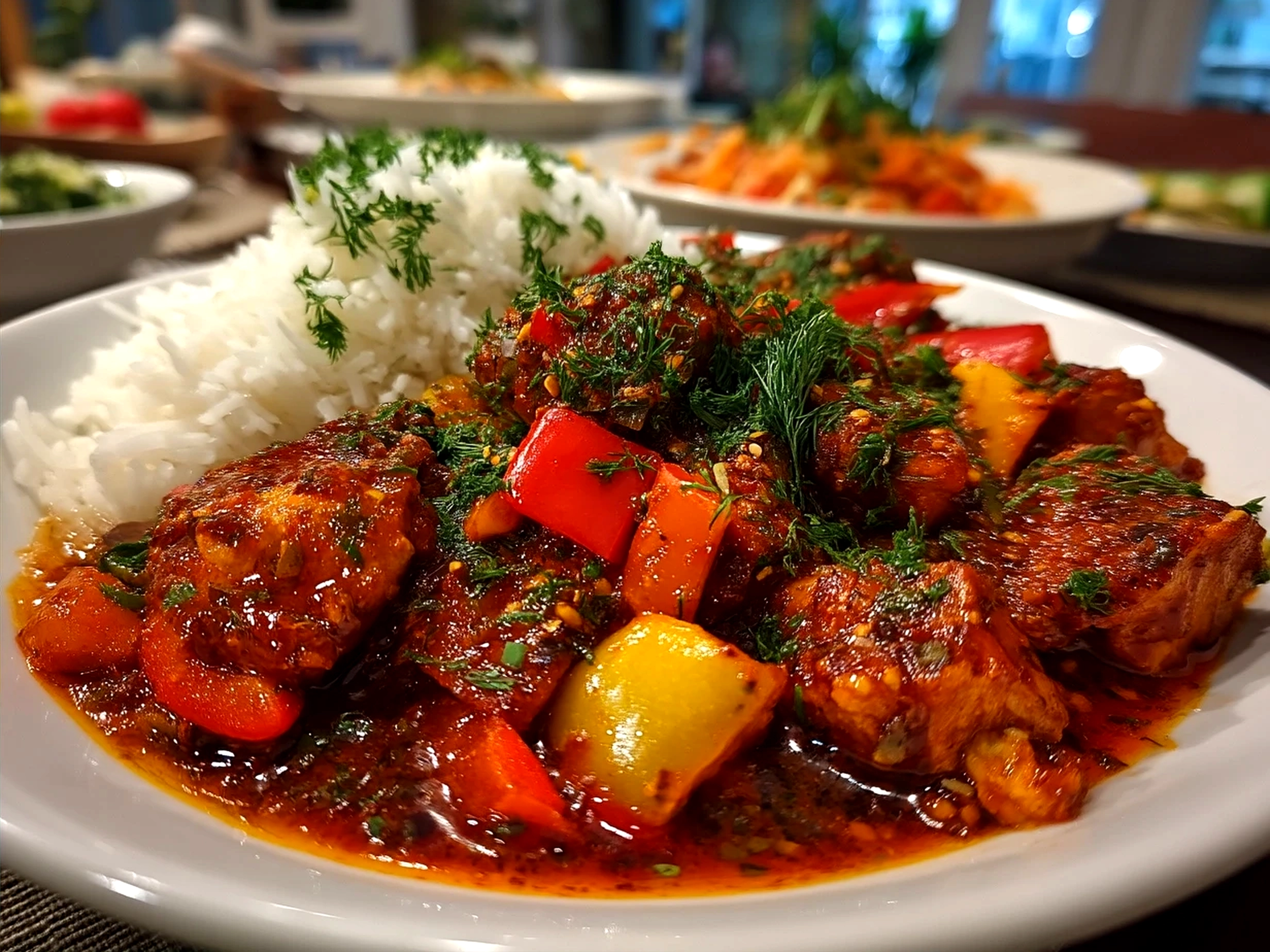 Plated Spicy Portuguese Chilli Chicken with fresh herbs and lemon wedges ready to serve