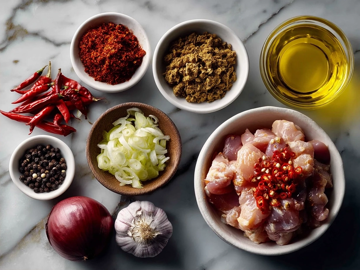 Ingredients for Spicy Portuguese Chilli Chicken laid out on a kitchen counter