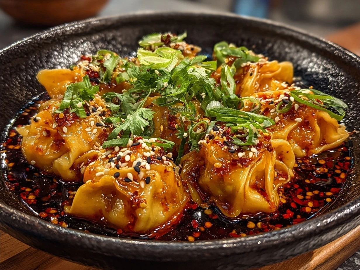 Final plated Spicy Wontons in Chilli Sauce served in a bowl garnished with green onions and sesame seeds