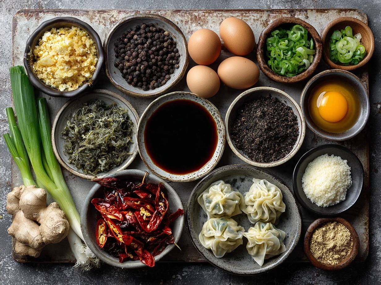 Ingredients for Spicy Wontons in Chilli Sauce laid out on a table