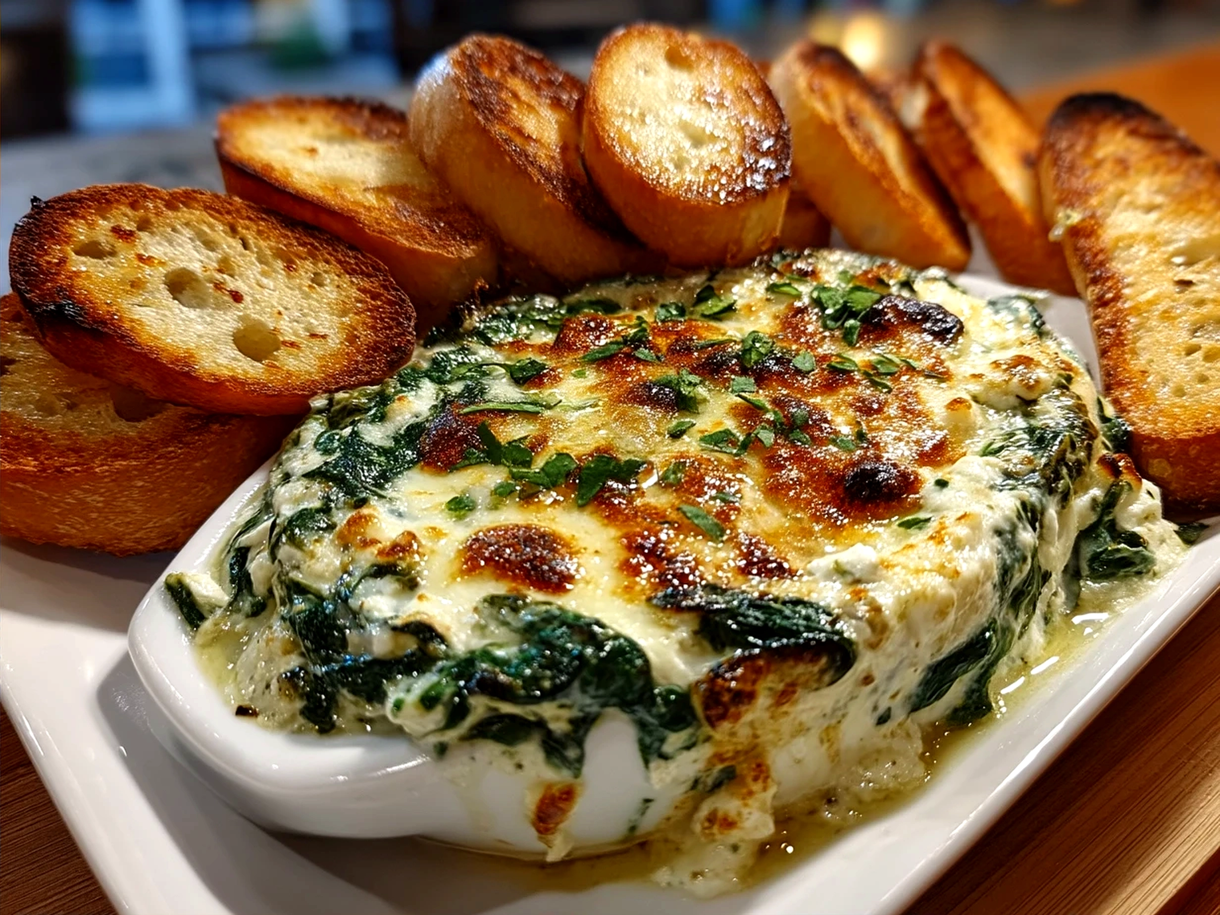 A bowl of creamy baked spinach dip surrounded by toasted baguette slices and fresh vegetable sticks