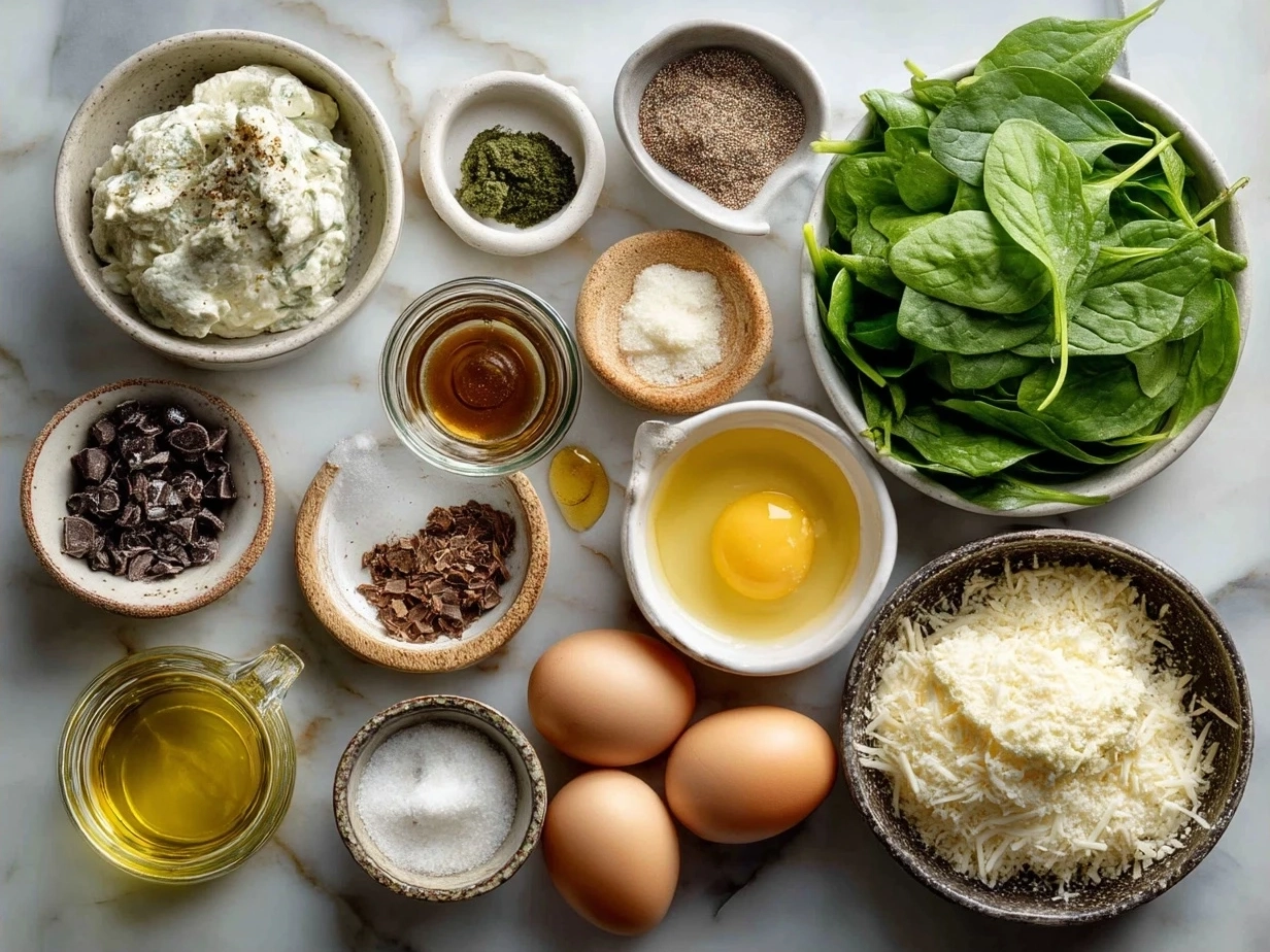 Ingredients for creamy spinach dip including spinach, cream cheese, sour cream, mozzarella, Parmesan, garlic, and seasoning
