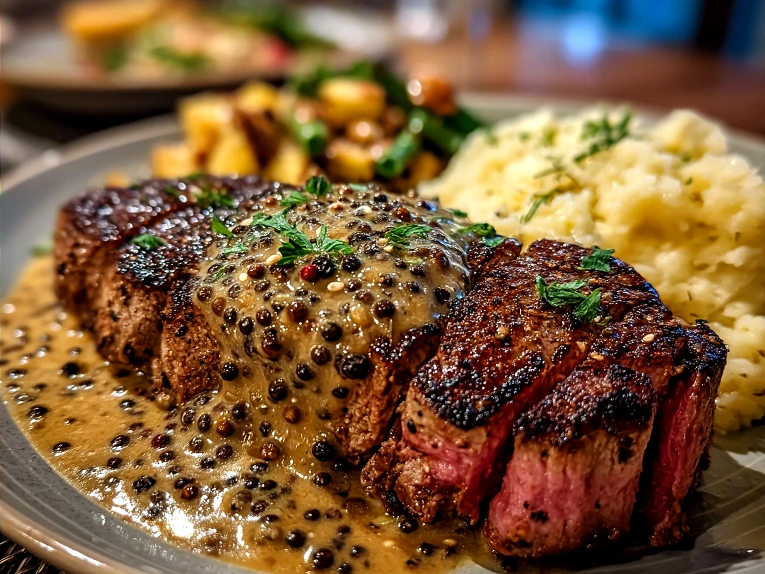 Plated steak with creamy peppercorn sauce and side vegetables