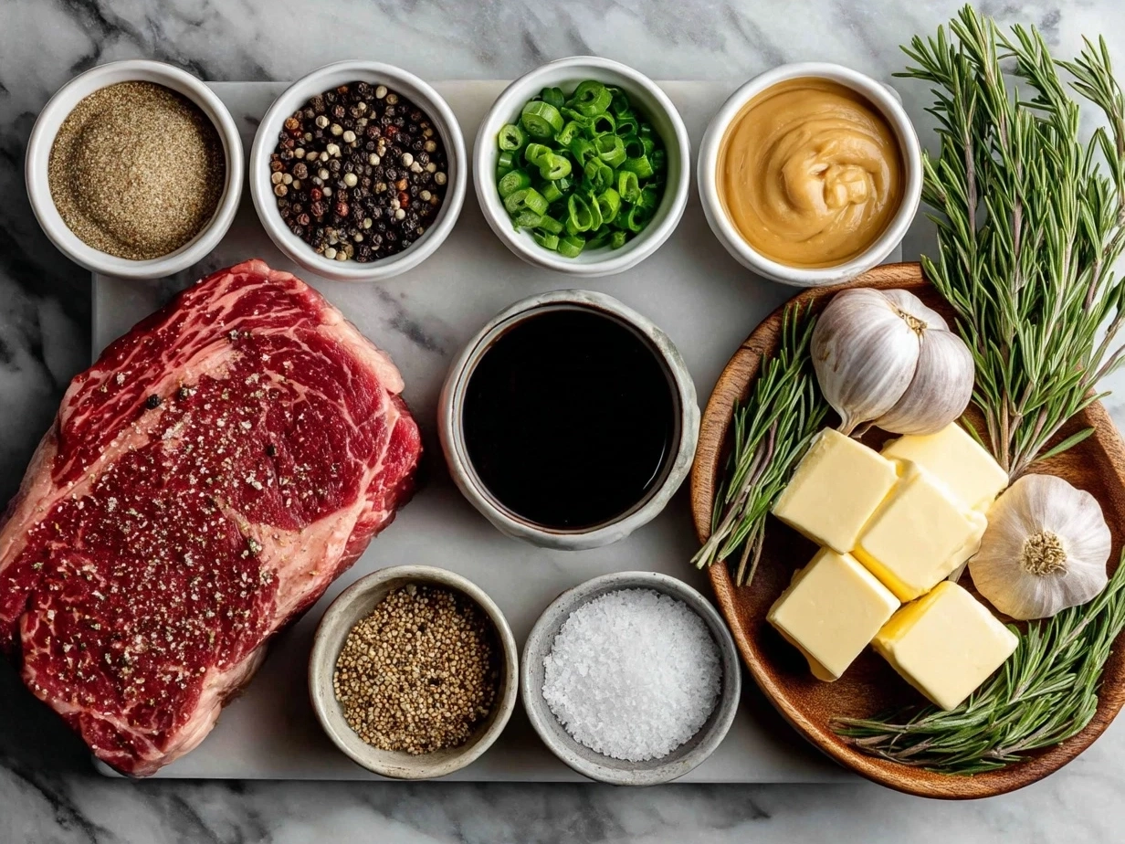 Ingredients for steak with peppercorn sauce laid out on a table