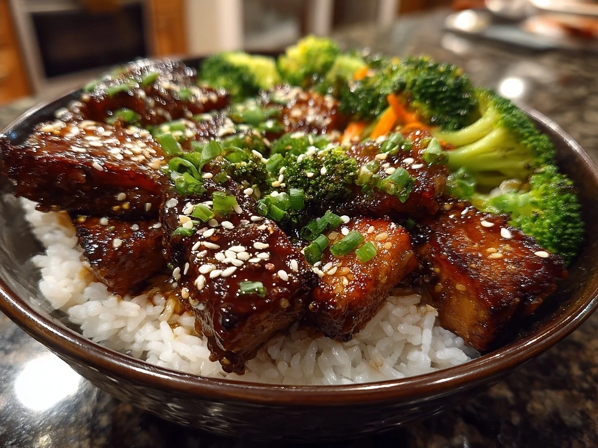 Final serving of Sticky Tofu Bowls with rice, broccoli, carrots, and garnished with green onions and sesame seeds