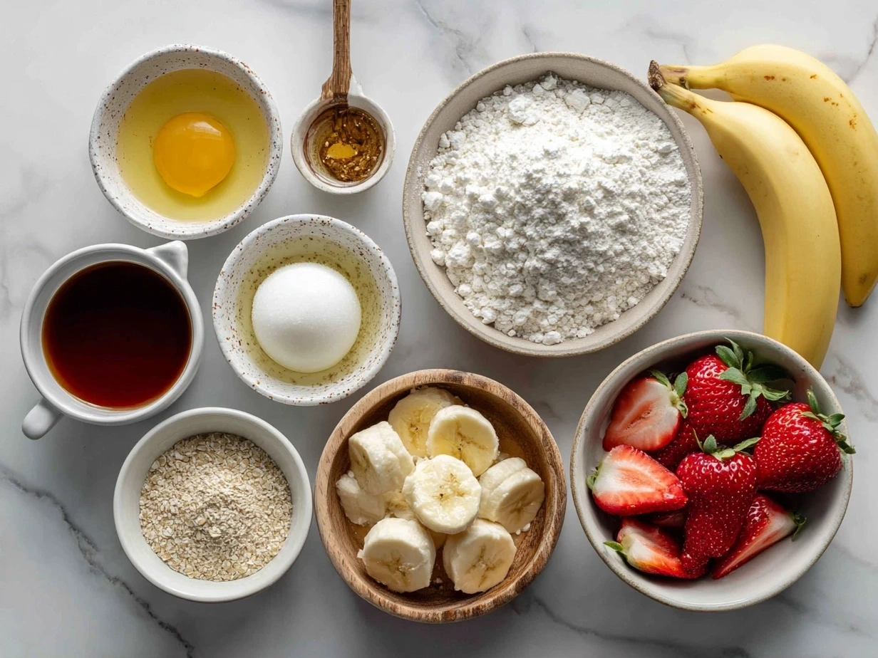 Ingredients for Strawberry Banana Pudding Dream showing bananas, strawberries, pudding mix, milk, heavy cream, powdered sugar, vanilla extract, and vanilla wafer cookies