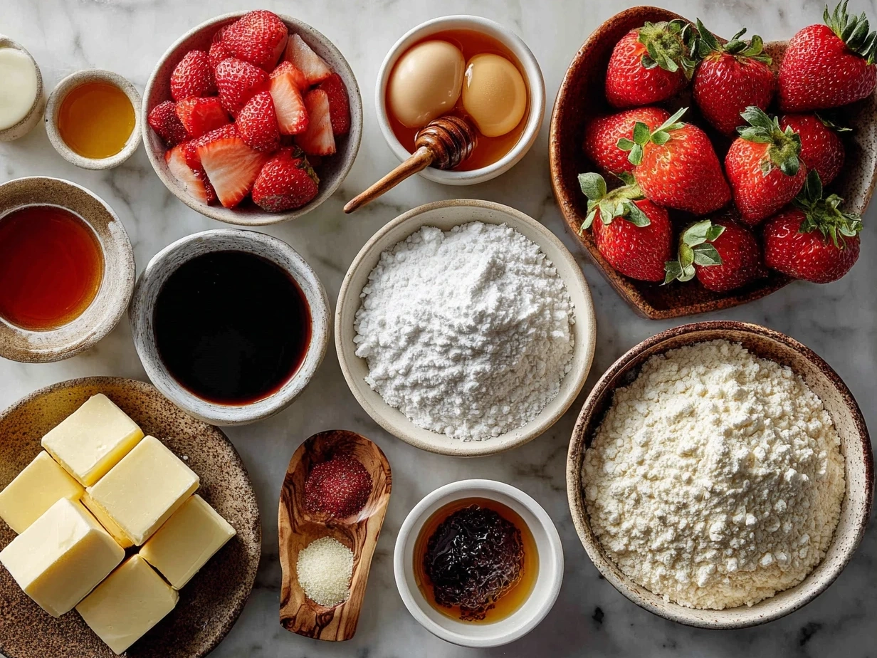 Ingredients for delicious Strawberry Shortcake neatly arranged