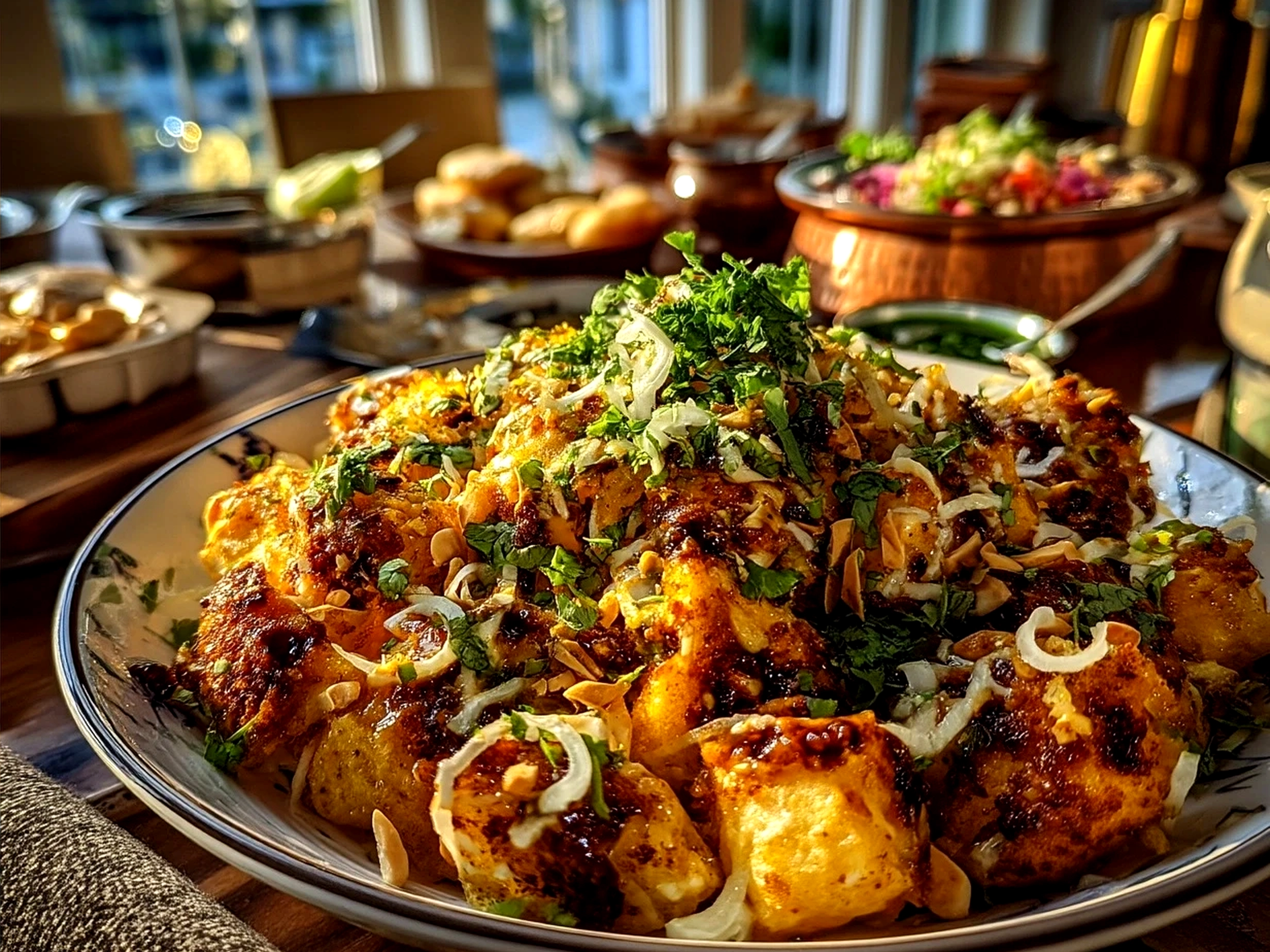 Street-Style Peanut Cheese Chaat served in small bowls with fresh garnishes, ready to eat