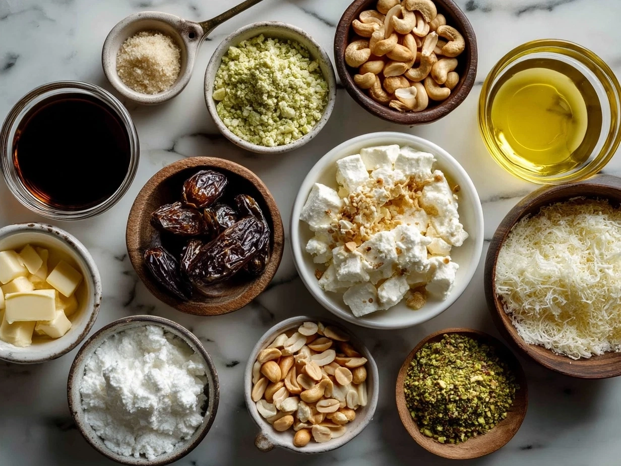 Ingredients for Street-Style Peanut Cheese Chaat laid out on a table including roasted peanuts, paneer cubes, tamarind chutney and other spices