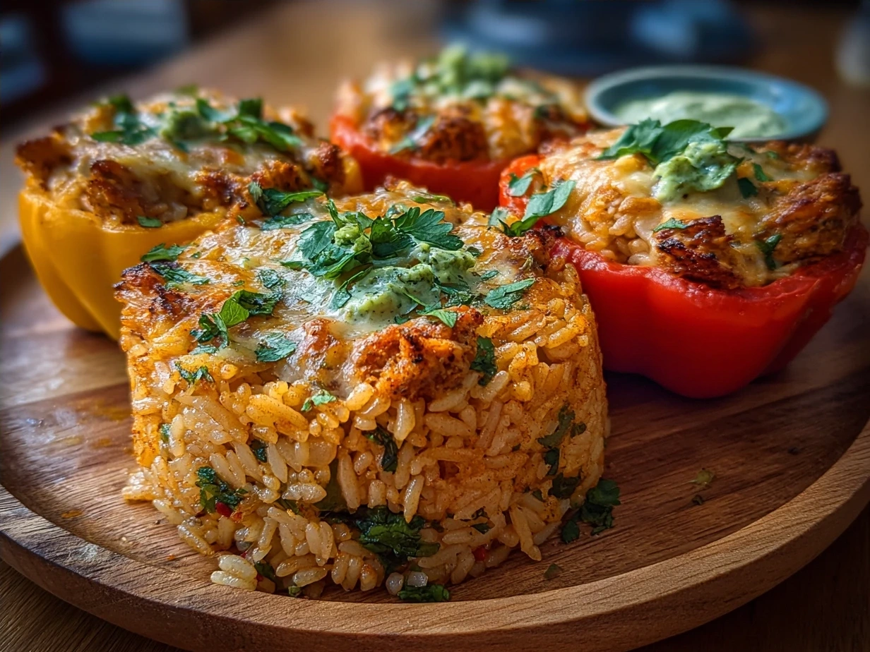 Final presentation of Stuffed Bell Pepper Rice Boats with melted cheese and colorful peppers