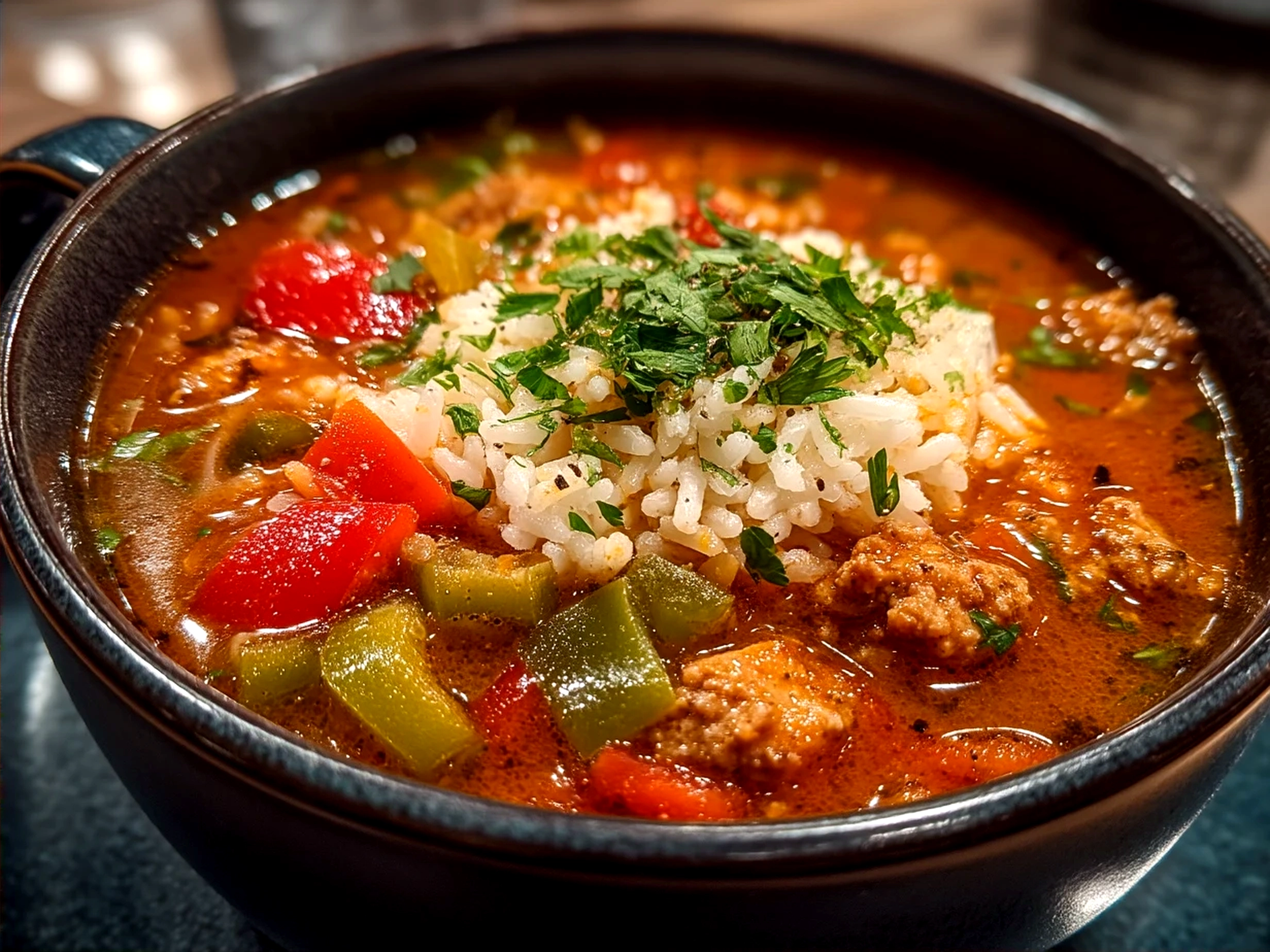 Bowl of delicious Stuffed Pepper Soup topped with shredded cheese and fresh parsley