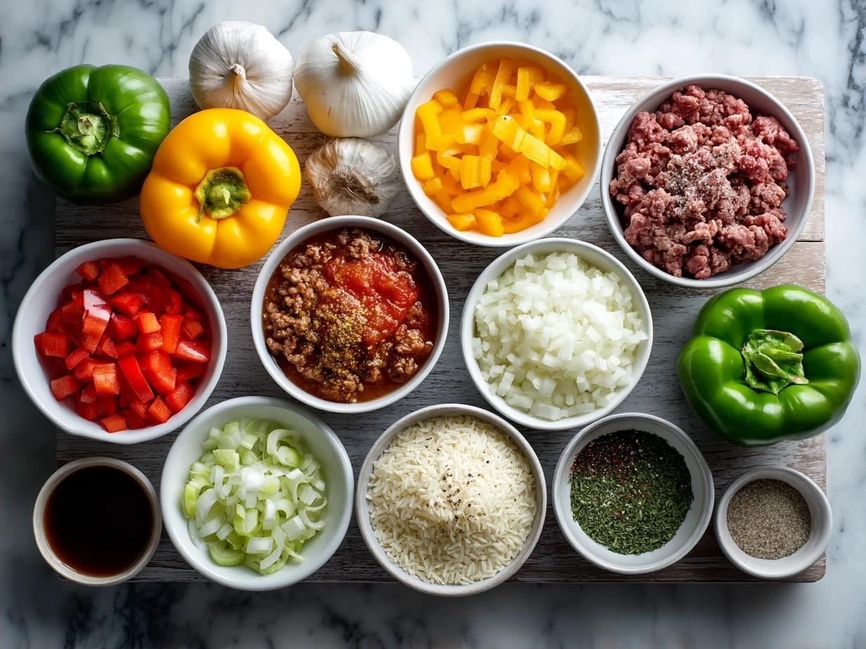 Ingredients for Stuffed Pepper Soup including ground beef, onion, bell peppers, garlic, canned tomatoes, tomato sauce, beef broth, rice, and Italian seasoning