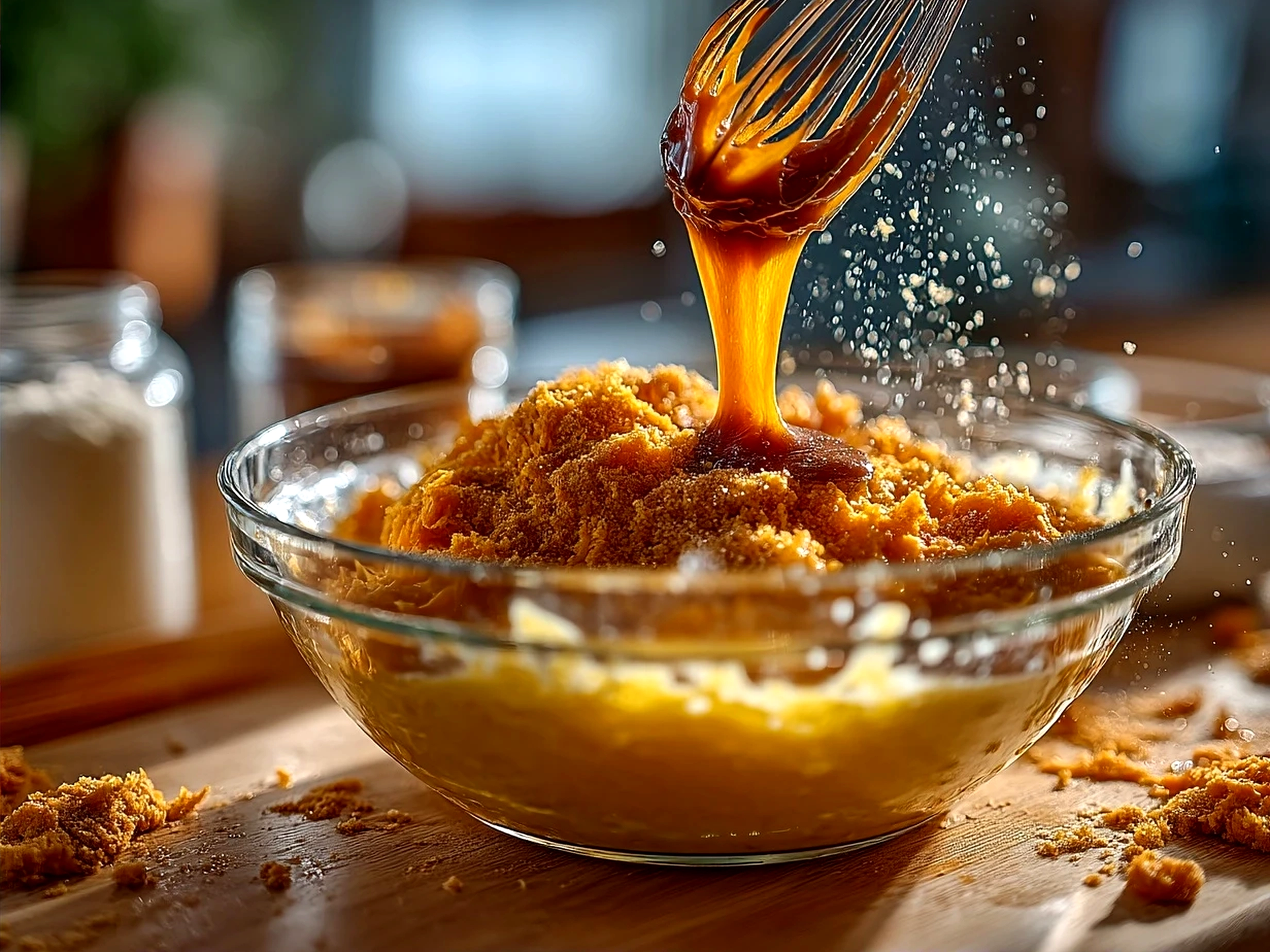 Stack of golden Sweet Potato Pancakes topped with syrup and pecans