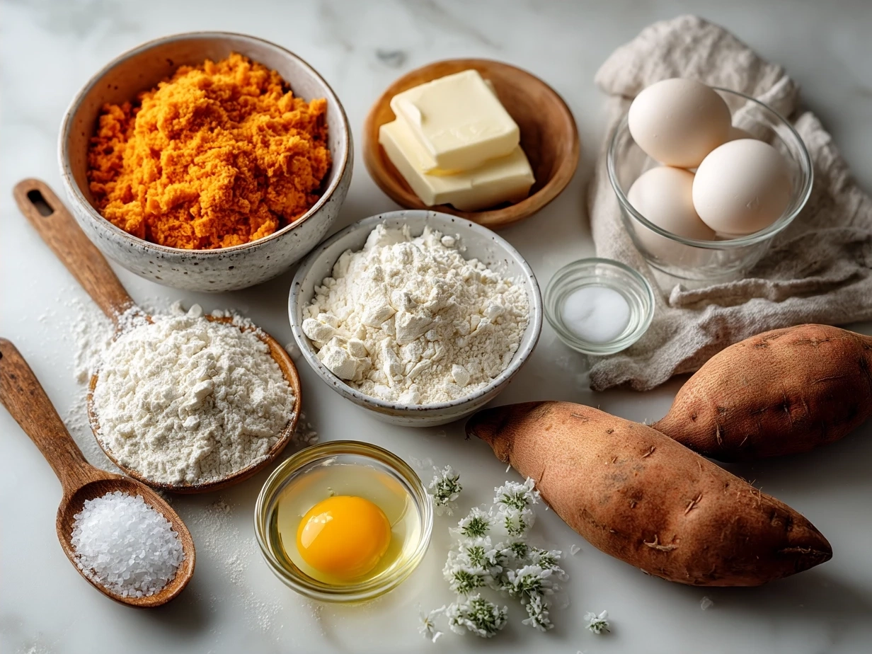 Ingredients arranged for Sweet Potato Pancakes
