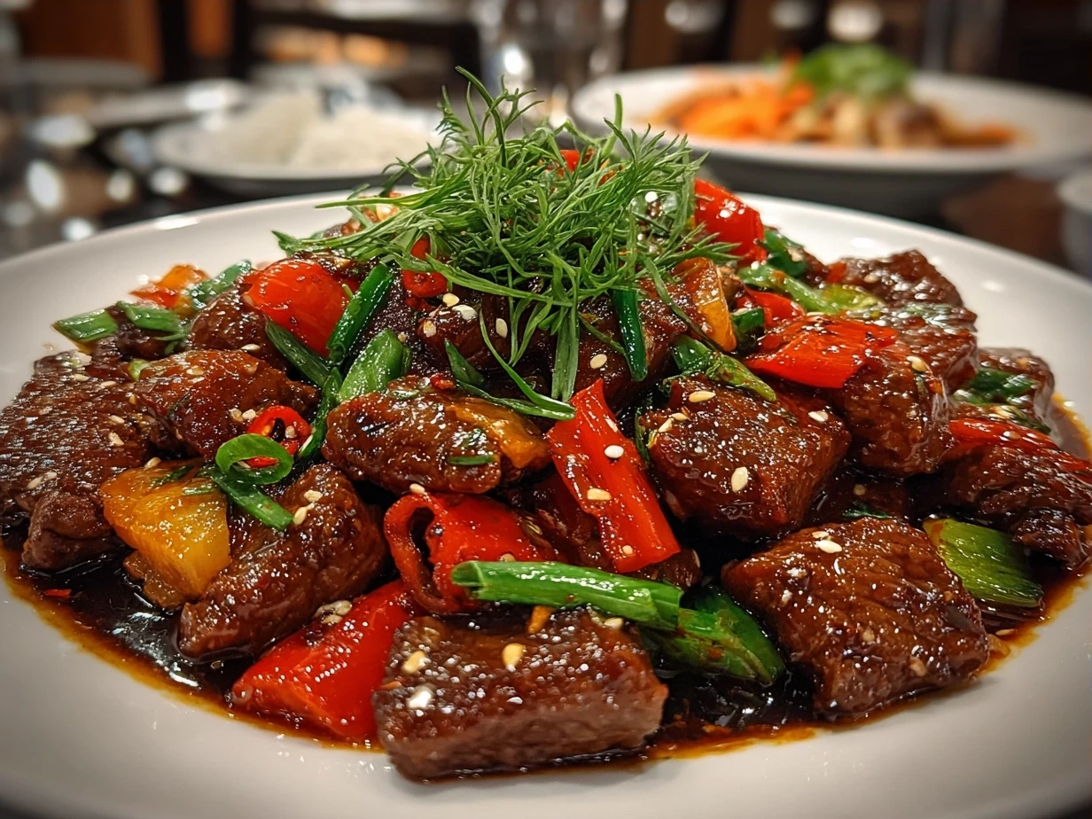 Final plated spicy Szechuan beef stir-fry served with rice and greens