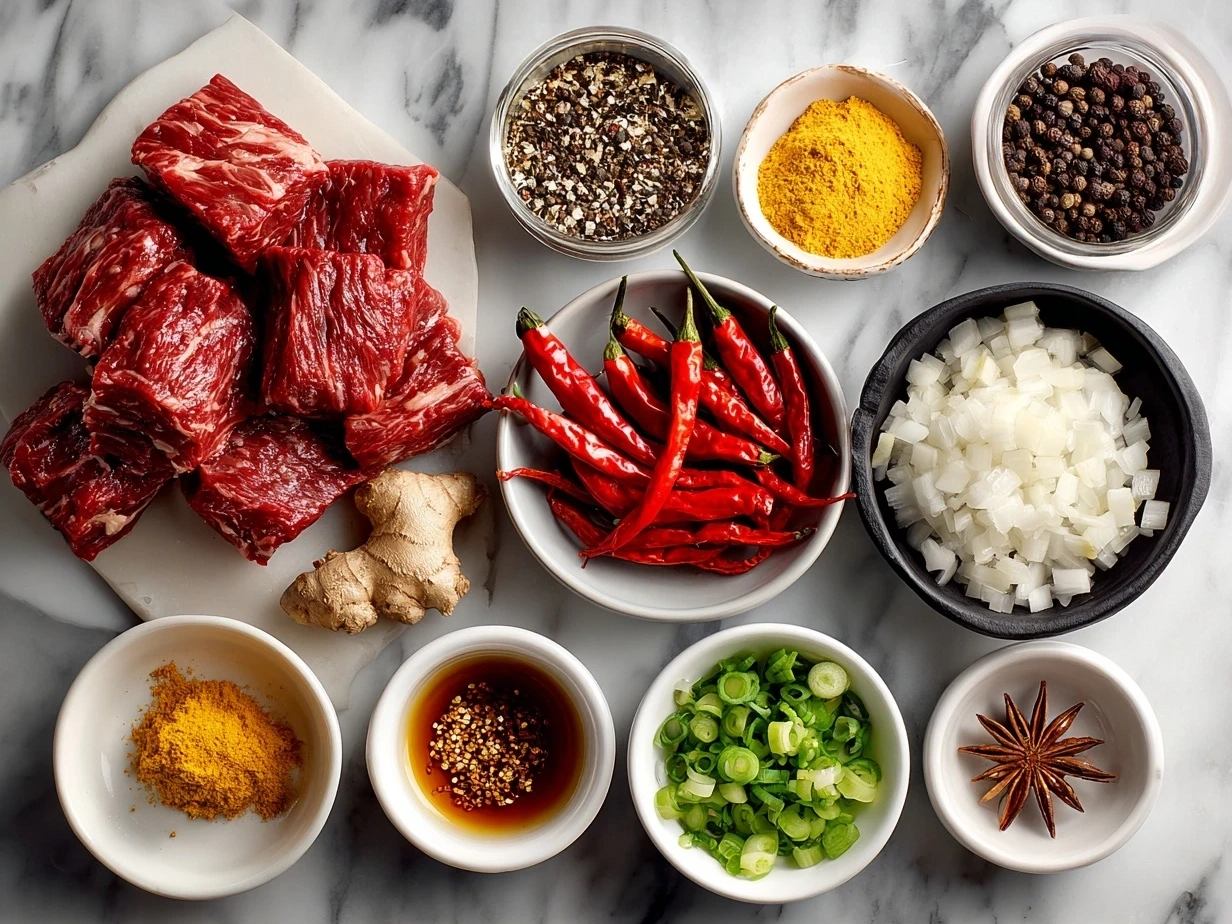 Ingredients for spicy Szechuan beef stir-fry laid out