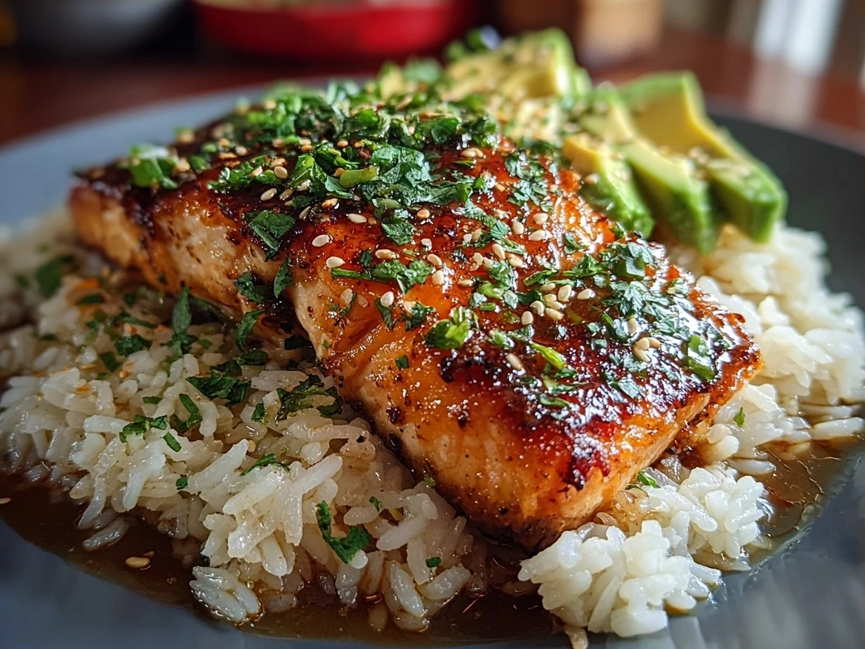 Finished Teriyaki Salmon Avocado Rice dish with glazed salmon and creamy avocado rice