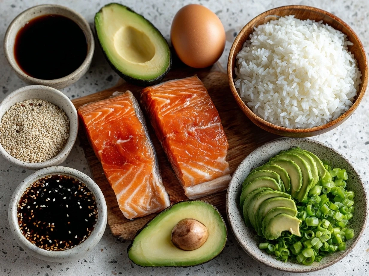 Ingredients for Teriyaki Salmon Avocado Rice including salmon fillets, avocado, rice, teriyaki sauce, green onions, and sesame seeds