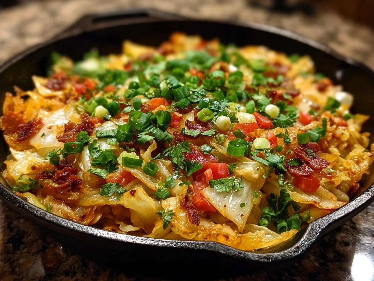 Serving of Tex Mex Cabbage Skillet garnished with fresh cilantro and lime wedges