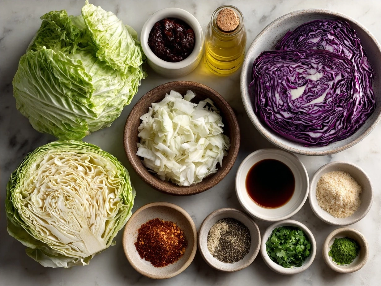 Ingredients for Tex Mex Cabbage Skillet laid out on a table