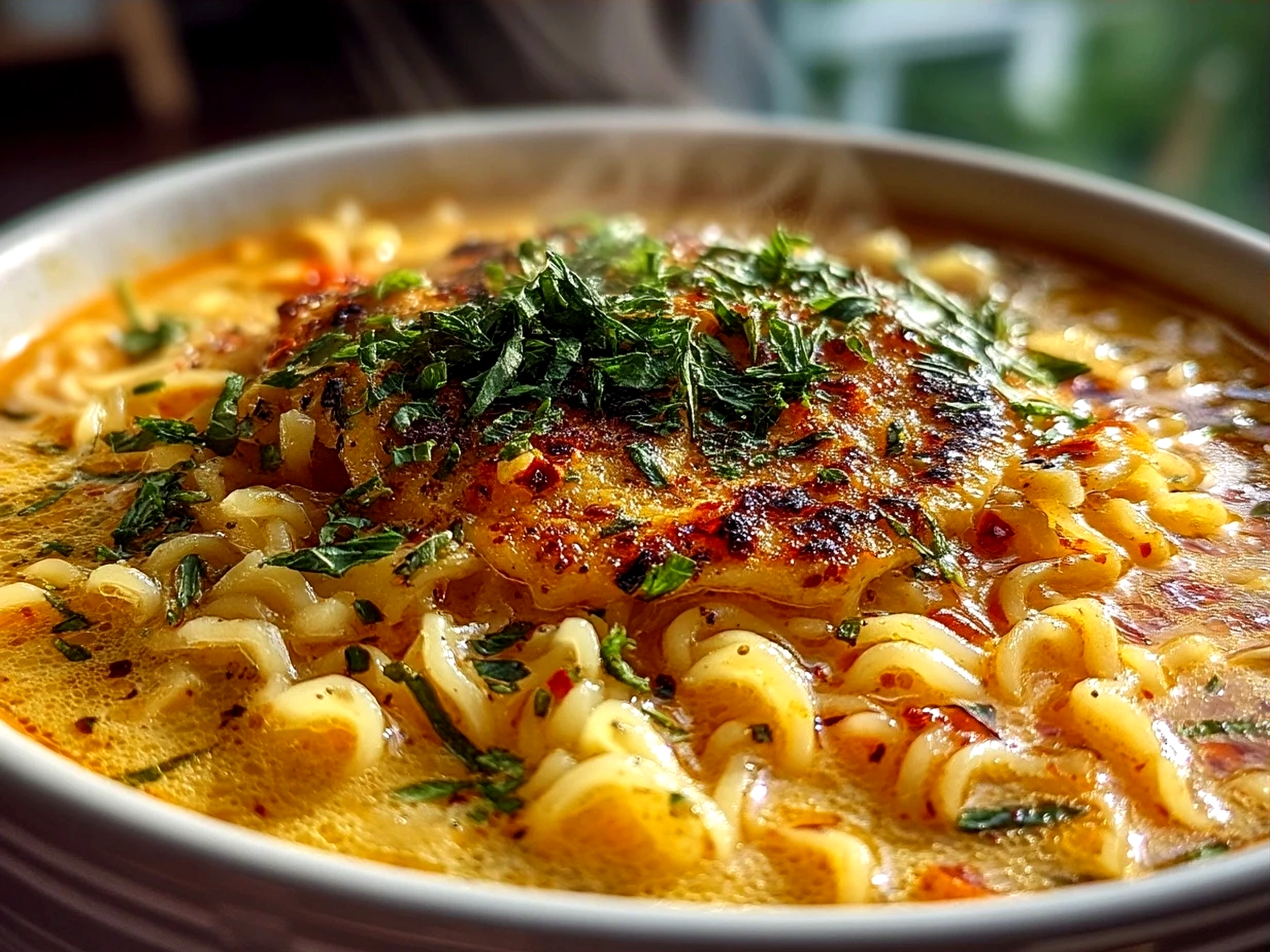 Bowl of Tomato Basil Noodle Soup garnished with fresh basil and Parmesan cheese