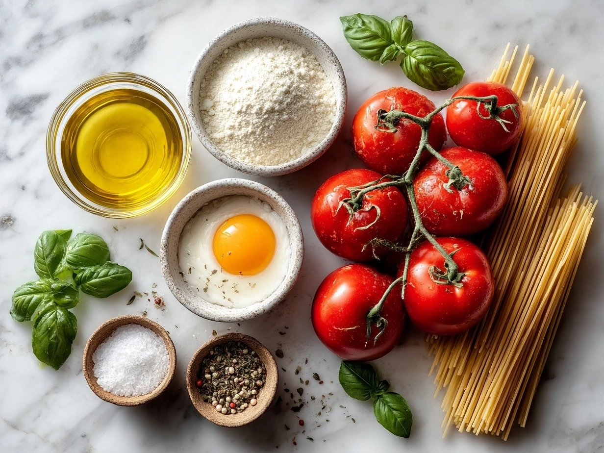 Ingredients for Tomato Basil Noodle Soup laid out on a kitchen counter including tomatoes, basil, noodles, and spices