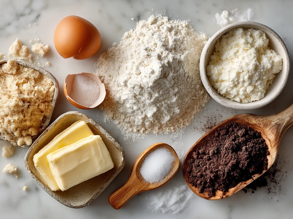 Top-down view of ingredients for Cake Mix Cookies laid out on a kitchen counter.
