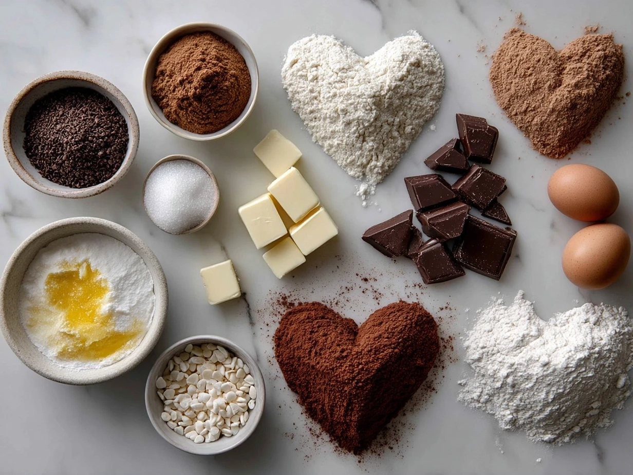 Top down view of ingredients for chocolate cut-out heart cookies including flour, cocoa powder, eggs, and sugar