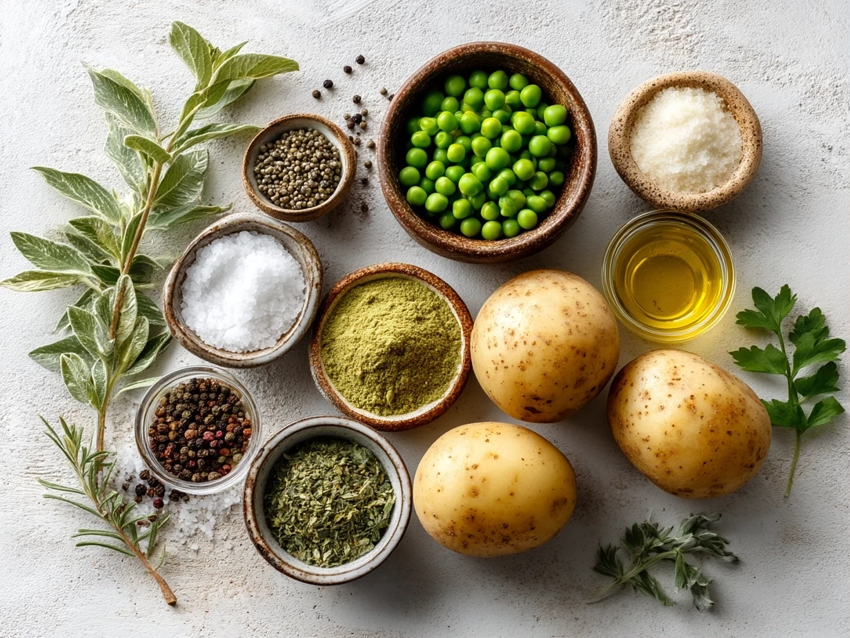 Top down view of ingredients for Crockpot Potato Pea Curry arranged on a table