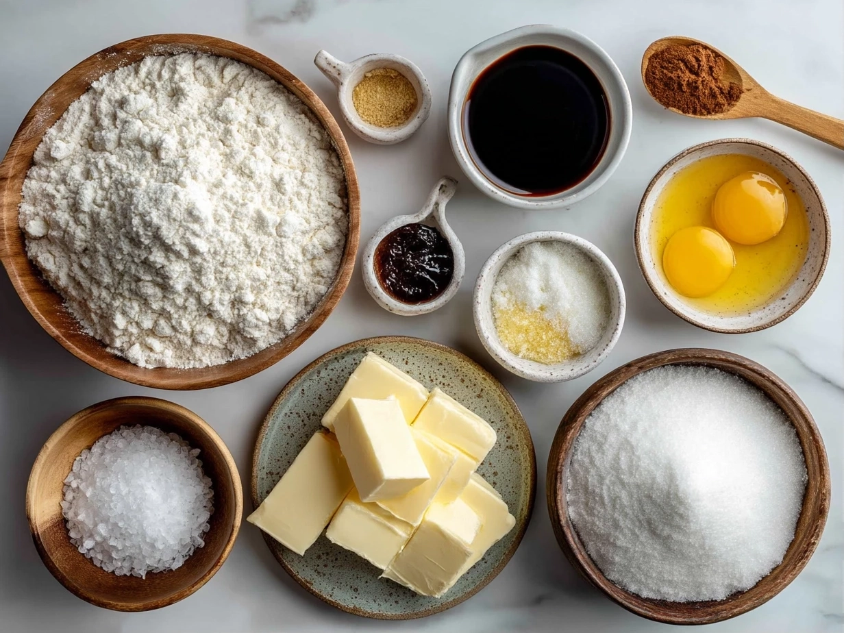Ingredients for jam donut focaccia arranged on a table