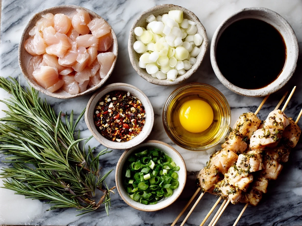 Raw ingredients for Bang Bang Chicken Skewers laid out on marble