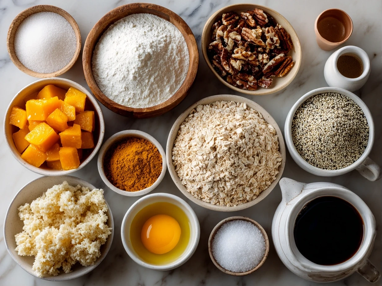Raw ingredients laid out for making Butternut Squash-Apple Coffee Cake