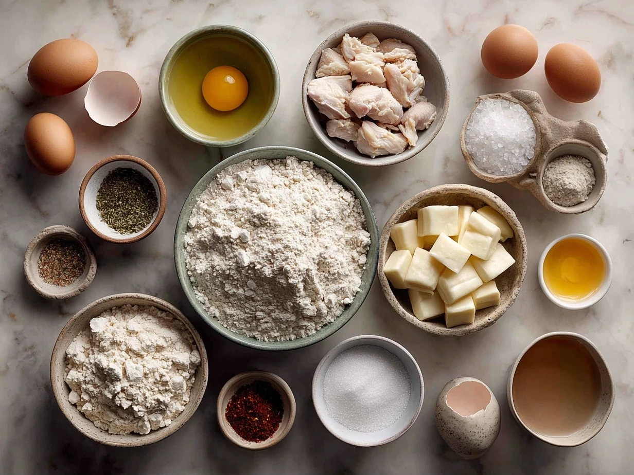 Ingredients for Chicken and Dumplings on a wooden surface with bowls of flour, chicken, vegetables, and spices.