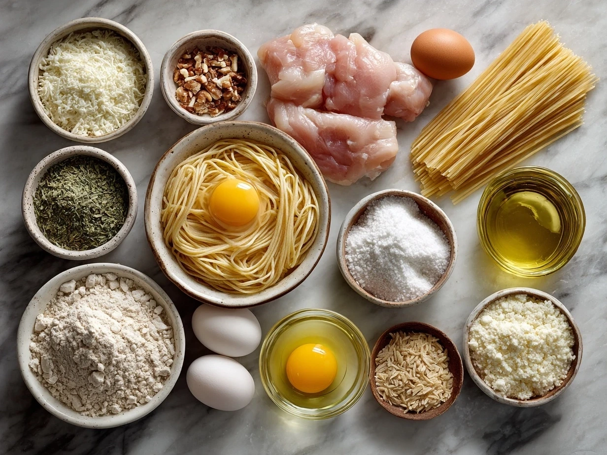 Top down view of raw ingredients for chicken spaghetti on marble surface