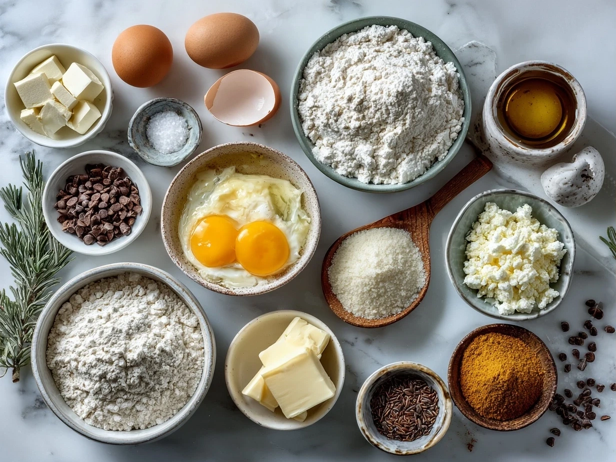 Top down view of raw ingredients for Christmas Breakfast Casserole including eggs, bread cubes, sausage, cheese, and veggies