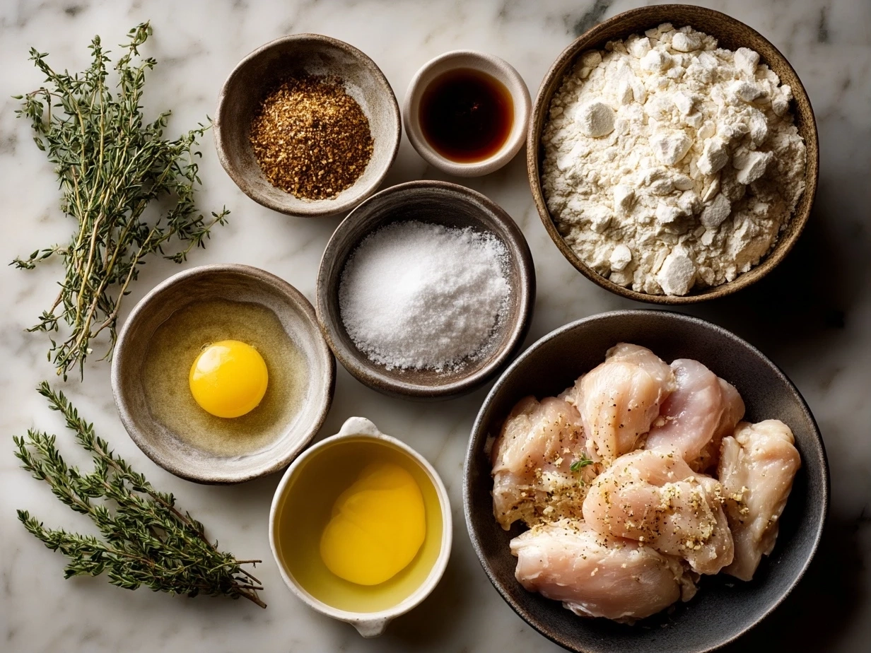 Top down view of raw ingredients for crispy chicken tenders on marble kitchen surface, organized mise en place