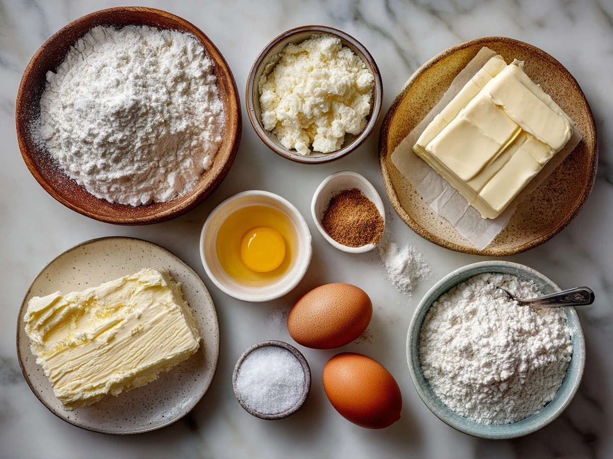 Top-down image of raw ingredients for French Butter Cake on marble, modern kitchen organized mise en place