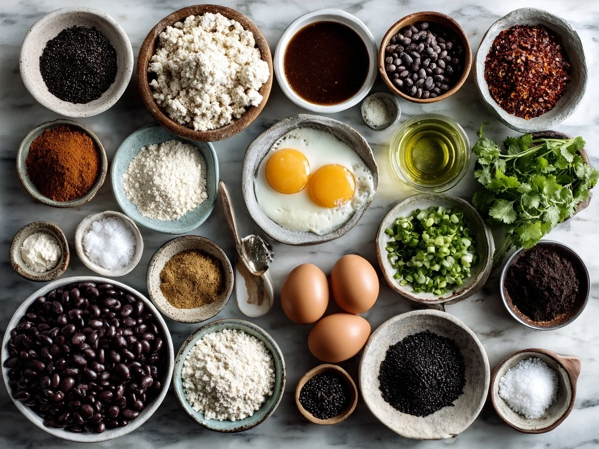 Top down view of raw ingredients for Ground Turkey Black Bean Enchiladas including ground turkey, black beans, cheese, tortillas, onions and garlic