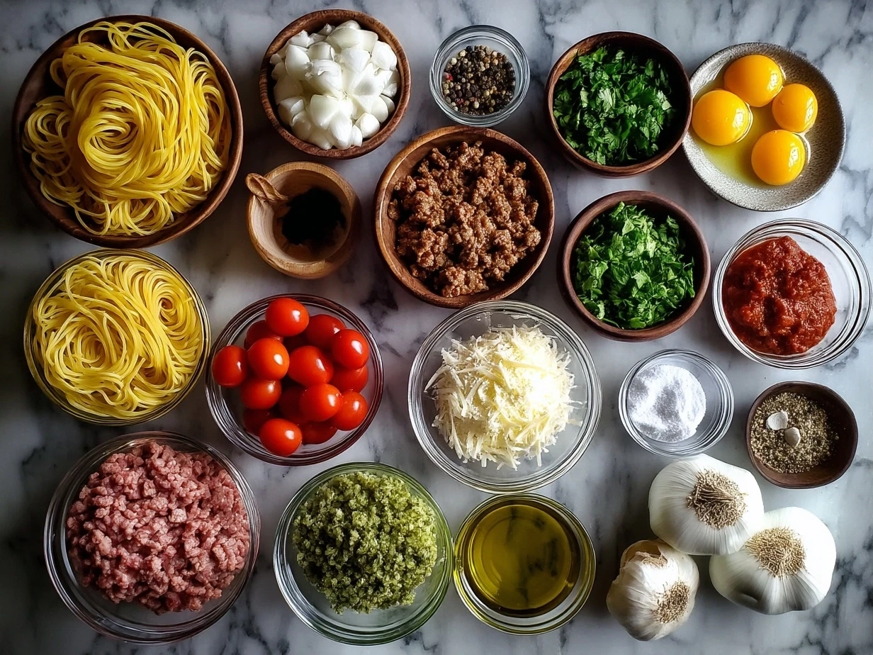 Top down raw ingredients for ground turkey pasta on marble